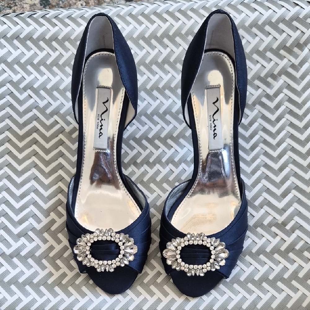 NAVY SATIN JEWELED MID-HEEL D'ORSAY CLASSIC EVENING PUMP BY NINA -  NEW